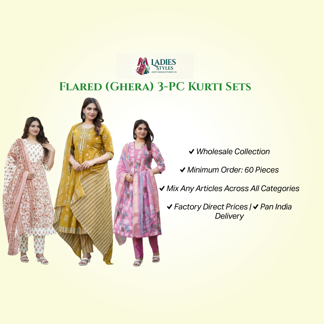 Flared Ghera Kurti 3 Piece Set Wholesale Collection by Ladies Styles